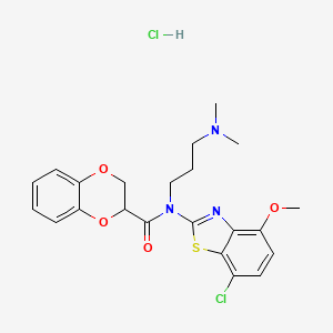molecular formula C22H25Cl2N3O4S B2584391 N-(7-chloro-4-methoxybenzo[d]thiazol-2-yl)-N-(3-(dimethylamino)propyl)-2,3-dihydrobenzo[b][1,4]dioxine-2-carboxamide hydrochloride CAS No. 1219192-62-7