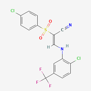 molecular formula C16H9Cl2F3N2O2S B2584423 2-((4-Chlorophenyl)sulfonyl)-3-((2-chloro-5-(trifluoromethyl)phenyl)amino)prop-2-enenitrile CAS No. 1025597-43-6