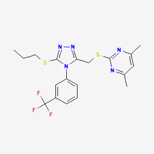 molecular formula C19H20F3N5S2 B2584428 4,6-Dimethyl-2-[[5-propylsulfanyl-4-[3-(trifluoromethyl)phenyl]-1,2,4-triazol-3-yl]methylsulfanyl]pyrimidine CAS No. 868222-65-5
