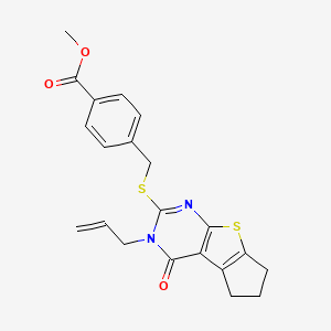 molecular formula C21H20N2O3S2 B2584429 Methyl 4-({[12-oxo-11-(prop-2-en-1-yl)-7-thia-9,11-diazatricyclo[6.4.0.0^{2,6}]dodeca-1(8),2(6),9-trien-10-yl]sulfanyl}methyl)benzoate CAS No. 327094-64-4