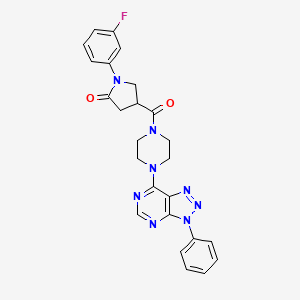 molecular formula C25H23FN8O2 B2584505 1-(3-fluorophenyl)-4-(4-(3-phenyl-3H-[1,2,3]triazolo[4,5-d]pyrimidin-7-yl)piperazine-1-carbonyl)pyrrolidin-2-one CAS No. 946263-54-3