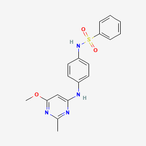 molecular formula C18H18N4O3S B2584522 N-(4-((6-methoxy-2-methylpyrimidin-4-yl)amino)phenyl)benzenesulfonamide CAS No. 941990-86-9