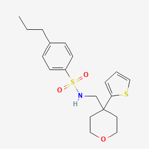 molecular formula C19H25NO3S2 B2584597 4-propyl-N-((4-(thiophen-2-yl)tetrahydro-2H-pyran-4-yl)methyl)benzenesulfonamide CAS No. 1203102-55-9