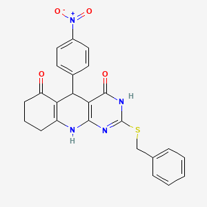molecular formula C24H20N4O4S B2584647 2-(benzylsulfanyl)-5-(4-nitrophenyl)-5,8,9,10-tetrahydropyrimido[4,5-b]quinoline-4,6(3H,7H)-dione CAS No. 537043-18-8