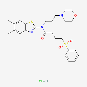 molecular formula C26H34ClN3O4S2 B2584707 N-(5,6-dimethylbenzo[d]thiazol-2-yl)-N-(3-morpholinopropyl)-4-(phenylsulfonyl)butanamide hydrochloride CAS No. 1396878-50-4
