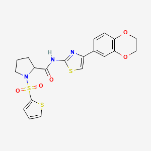 molecular formula C20H19N3O5S3 B2584731 N-(4-(2,3-ジヒドロベンゾ[b][1,4]ジオキシン-6-イル)チアゾール-2-イル)-1-(チオフェン-2-イルスルホニル)ピロリジン-2-カルボキサミド CAS No. 1096689-90-5