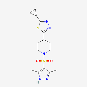 molecular formula C15H21N5O2S2 B2584798 2-cyclopropyl-5-(1-((3,5-dimethyl-1H-pyrazol-4-yl)sulfonyl)piperidin-4-yl)-1,3,4-thiadiazole CAS No. 1189315-49-8