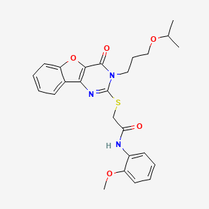 molecular formula C25H27N3O5S B2584850 2-((3-(3-异丙氧基丙基)-4-氧代-3,4-二氢苯并呋喃[3,2-d]嘧啶-2-基)硫代)-N-(2-甲氧基苯基)乙酰胺 CAS No. 900004-12-8
