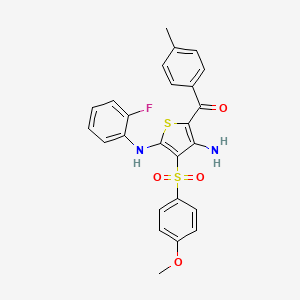 molecular formula C25H21FN2O4S2 B2585128 (3-Amino-5-((2-fluorophenyl)amino)-4-((4-methoxyphenyl)sulfonyl)thiophen-2-yl)(p-tolyl)methanone CAS No. 1115562-96-3