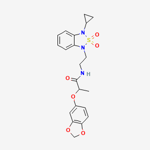 molecular formula C21H23N3O6S B2585151 2-(2H-1,3-benzodioxol-5-yloxy)-N-[2-(3-cyclopropyl-2,2-dioxo-1,3-dihydro-2lambda6,1,3-benzothiadiazol-1-yl)ethyl]propanamide CAS No. 2097888-94-1
