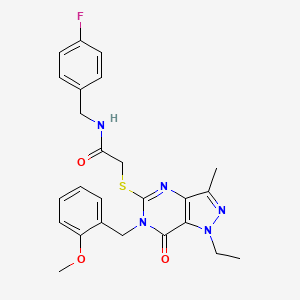 molecular formula C25H26FN5O3S B2585185 2-({1-乙基-6-[(2-甲氧苯基)甲基]-3-甲基-7-氧代-1H,6H,7H-吡唑并[4,3-d]嘧啶-5-基}硫代)-N-[(4-氟苯基)甲基]乙酰胺 CAS No. 1359310-94-3