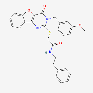 2-({5-[(3-methoxyphenyl)methyl]-6-oxo-8-oxa-3,5-diazatricyclo[7.4.0.0^{2,7}]trideca-1(9),2(7),3,10,12-pentaen-4-yl}sulfanyl)-N-(2-phenylethyl)acetamide