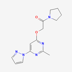 molecular formula C14H17N5O2 B2585237 2-((2-methyl-6-(1H-pyrazol-1-yl)pyrimidin-4-yl)oxy)-1-(pyrrolidin-1-yl)ethanone CAS No. 1421454-16-1