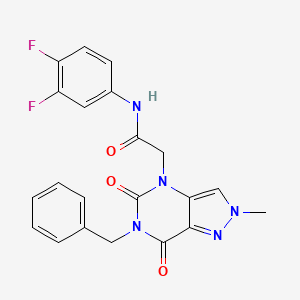 molecular formula C21H17F2N5O3 B2585341 3-{[(4-Chlorophenyl)amino]carbonyl}-7-(2-thienyl)-4,7-dihydropyrazolo[1,5-a]pyrimidine-5-carboxylic acid CAS No. 951618-05-6
