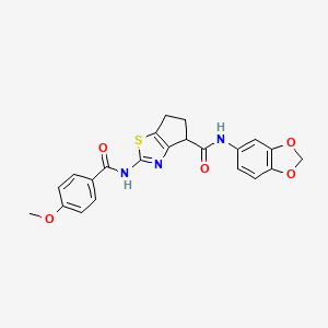 molecular formula C22H19N3O5S B2585349 N-(benzo[d][1,3]dioxol-5-yl)-2-(4-methoxybenzamido)-5,6-dihydro-4H-cyclopenta[d]thiazole-4-carboxamide CAS No. 941988-34-7