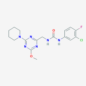 molecular formula C17H20ClFN6O2 B2585373 1-(3-Chloro-4-fluorophenyl)-3-((4-methoxy-6-(piperidin-1-yl)-1,3,5-triazin-2-yl)methyl)urea CAS No. 2034269-91-3