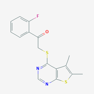 molecular formula C16H13FN2OS2 B258539 2-[(5,6-Dimethylthieno[2,3-d]pyrimidin-4-yl)sulfanyl]-1-(2-fluorophenyl)ethanone 
