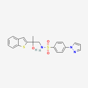 molecular formula C20H19N3O3S2 B2585449 N-(2-(benzo[b]thiophen-2-yl)-2-hydroxypropyl)-4-(1H-pyrazol-1-yl)benzenesulfonamide CAS No. 2034355-65-0
