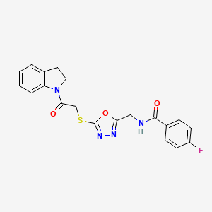 molecular formula C20H17FN4O3S B2585585 4-fluoro-N-((5-((2-(indolin-1-yl)-2-oxoethyl)thio)-1,3,4-oxadiazol-2-yl)methyl)benzamide CAS No. 872613-97-3