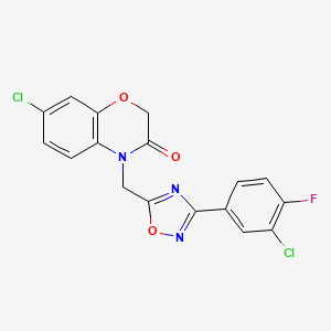 molecular formula C17H10Cl2FN3O3 B2585655 7-chloro-4-((3-(3-chloro-4-fluorophenyl)-1,2,4-oxadiazol-5-yl)methyl)-2H-benzo[b][1,4]oxazin-3(4H)-one CAS No. 1251674-00-6