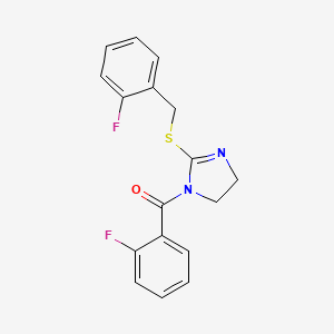 molecular formula C17H14F2N2OS B2585678 (2-Fluorophenyl)-[2-[(2-fluorophenyl)methylsulfanyl]-4,5-dihydroimidazol-1-yl]methanone CAS No. 851806-90-1