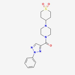 molecular formula C18H23N5O3S B2585698 （4-(1,1-ジオキシドテトラヒドロ-2H-チオピラン-4-イル)ピペラジン-1-イル)(2-フェニル-2H-1,2,3-トリアゾール-4-イル)メタノン CAS No. 2034601-47-1