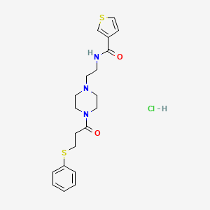 molecular formula C20H26ClN3O2S2 B2585735 N-(2-(4-(3-(phenylthio)propanoyl)piperazin-1-yl)ethyl)thiophene-3-carboxamide hydrochloride CAS No. 1351642-68-6