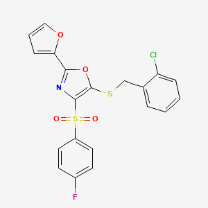 molecular formula C20H13ClFNO4S2 B2585746 5-((2-Chlorobenzyl)thio)-4-((4-fluorophenyl)sulfonyl)-2-(furan-2-yl)oxazole CAS No. 850928-70-0