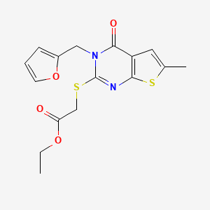 molecular formula C16H16N2O4S2 B2585776 Ethyl 2-[3-(furan-2-ylmethyl)-6-methyl-4-oxothieno[2,3-d]pyrimidin-2-yl]sulfanylacetate CAS No. 831188-93-3