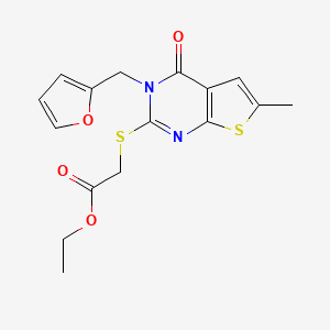 molecular formula C16H16N2O4S2 B2585776 ethyl 2-({3-[(furan-2-yl)methyl]-6-methyl-4-oxo-3H,4H-thieno[2,3-d]pyrimidin-2-yl}sulfanyl)acetate CAS No. 831188-93-3