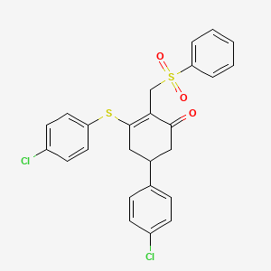 molecular formula C25H20Cl2O3S2 B2585778 2-[(Benzenesulfonyl)methyl]-5-(4-chlorophenyl)-3-[(4-chlorophenyl)sulfanyl]cyclohex-2-en-1-one CAS No. 339098-65-6