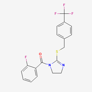 molecular formula C18H14F4N2OS B2585835 (2-Fluorophenyl)-[2-[[4-(trifluoromethyl)phenyl]methylsulfanyl]-4,5-dihydroimidazol-1-yl]methanone CAS No. 851806-15-0