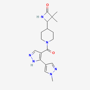 molecular formula C18H24N6O2 B2585836 3,3-Dimethyl-4-[1-[5-(1-methylpyrazol-4-yl)-1H-pyrazole-4-carbonyl]piperidin-4-yl]azetidin-2-one CAS No. 1950464-42-2