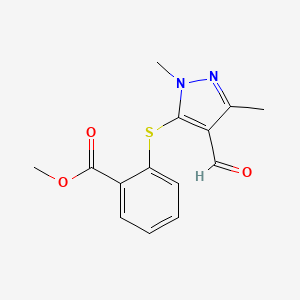 molecular formula C14H14N2O3S B2585873 2-[(4-甲酰基-1,3-二甲基-1H-吡唑-5-基)-硫代]苯甲酸甲酯 CAS No. 852700-50-6