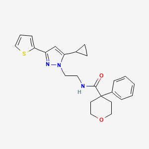 molecular formula C24H27N3O2S B2585899 N-(2-(5-cyclopropyl-3-(thiophen-2-yl)-1H-pyrazol-1-yl)ethyl)-4-phenyltetrahydro-2H-pyran-4-carboxamide CAS No. 1797672-19-5