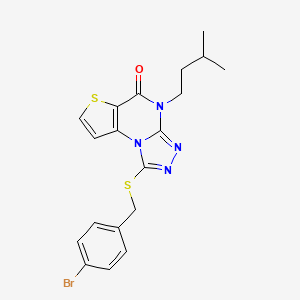 molecular formula C19H19BrN4OS2 B2585923 1-((4-bromobenzyl)thio)-4-isopentylthieno[2,3-e][1,2,4]triazolo[4,3-a]pyrimidin-5(4H)-one CAS No. 1216508-60-9
