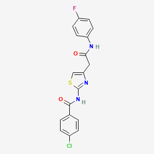 molecular formula C18H13ClFN3O2S B2585937 4-chloro-N-(4-(2-((4-fluorophenyl)amino)-2-oxoethyl)thiazol-2-yl)benzamide CAS No. 921584-55-6