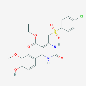 molecular formula C21H21ClN2O7S B2585966 Ethyl 6-{[(4-chlorophenyl)sulfonyl]methyl}-4-(4-hydroxy-3-methoxyphenyl)-2-oxo-1,2,3,4-tetrahydropyrimidine-5-carboxylate CAS No. 866865-01-2