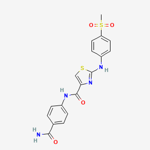 molecular formula C18H16N4O4S2 B2585985 N-(4-氨基苯甲酰基苯基)-2-((4-(甲基磺酰基)苯基)氨基)噻唑-4-甲酰胺 CAS No. 1170299-74-7