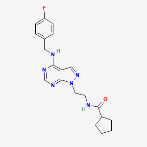 molecular formula C20H23FN6O B2586036 N-(2-(4-((4-fluorobenzyl)amino)-1H-pyrazolo[3,4-d]pyrimidin-1-yl)ethyl)cyclopentanecarboxamide CAS No. 1170888-30-8