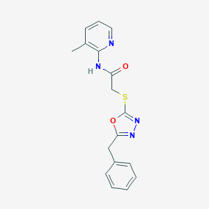 molecular formula C17H16N4O2S B258617 2-[(5-benzyl-1,3,4-oxadiazol-2-yl)sulfanyl]-N-(3-methyl-2-pyridinyl)acetamide 