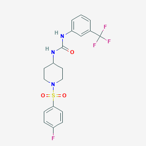 molecular formula C19H19F4N3O3S B2586177 N-{1-[(4-fluorophenyl)sulfonyl]-4-piperidinyl}-N'-[3-(trifluoromethyl)phenyl]urea CAS No. 672950-45-7