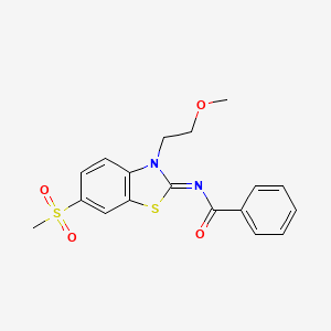 molecular formula C18H18N2O4S2 B2586248 （Z）-N-(3-(2-甲氧基乙基)-6-(甲磺酰基)苯并[d]噻唑-2(3H)-亚甲基)苯甲酰胺 CAS No. 864976-85-2