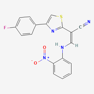 molecular formula C18H11FN4O2S B2586267 (Z)-2-(4-(4-fluorophenyl)thiazol-2-yl)-3-((2-nitrophenyl)amino)acrylonitrile CAS No. 476676-69-4