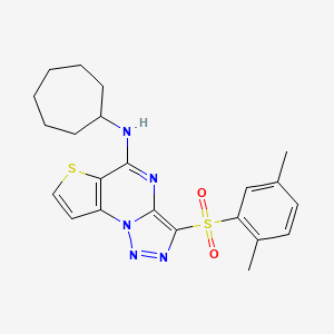 molecular formula C22H25N5O2S2 B2586295 N-环庚基-3-((2,5-二甲基苯基)磺酰基)噻吩并[2,3-e][1,2,3]三唑并[1,5-a]嘧啶-5-胺 CAS No. 892745-35-6