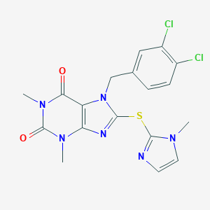 molecular formula C18H16Cl2N6O2S B258632 7-(3,4-dichlorobenzyl)-1,3-dimethyl-8-[(1-methyl-1H-imidazol-2-yl)sulfanyl]-3,7-dihydro-1H-purine-2,6-dione 