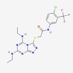 molecular formula C17H18ClF3N8OS B2586324 2-((5,7-bis(ethylamino)-[1,2,4]triazolo[4,3-a][1,3,5]triazin-3-yl)thio)-N-(4-chloro-3-(trifluoromethyl)phenyl)acetamide CAS No. 886902-10-9