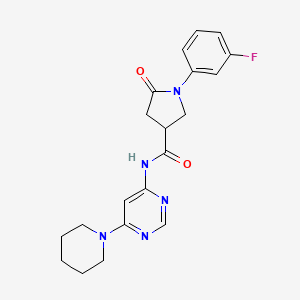 molecular formula C20H22FN5O2 B2586485 1-(3-fluorophenyl)-5-oxo-N-(6-(piperidin-1-yl)pyrimidin-4-yl)pyrrolidine-3-carboxamide CAS No. 1396869-85-4