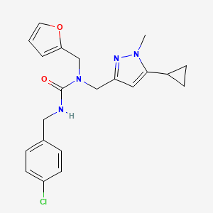 molecular formula C21H23ClN4O2 B2586535 3-(4-chlorobenzyl)-1-((5-cyclopropyl-1-methyl-1H-pyrazol-3-yl)methyl)-1-(furan-2-ylmethyl)urea CAS No. 1795478-12-4