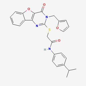 molecular formula C26H23N3O4S B2586600 2-((3-(呋喃-2-基甲基)-4-氧代-3,4-二氢苯并呋喃[3,2-d]嘧啶-2-基)硫代)-N-(4-异丙苯基)乙酰胺 CAS No. 892300-70-8